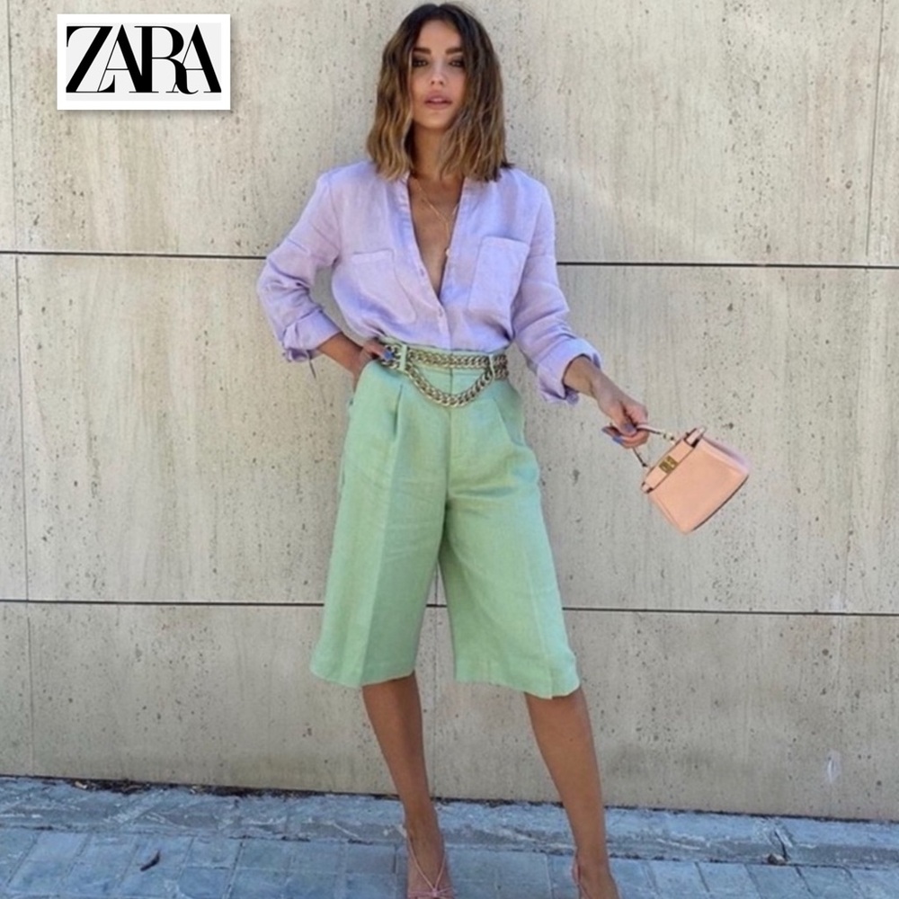 NWT Zara Linen Long Bermuda High Rise Pleated Shorts Green L Lagenlook 90s Boho - Picture 5 of 16